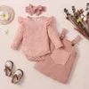 Clothing Sets 3pcs Children Baby Girl Casual Sleeve Knitted Jumpsuits Pocket Suspender Dress Headwear Clothes Infant Cotton Outfits