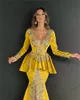 Kaftan Sleeve Gold Long Mermaid Evening Jurken Elegant V Neck Lace Appliques Plus Size Formal Prom Party Jurkens