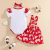 Kl￤derupps￤ttningar 0-24m Born Baby Girl Short Sleeve Cotton Bodysuit Topps Tryck Suspender kjol pannband 3 st valentins kl￤dupps￤ttning