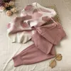 Pantalon deux pièces pour femmes coréen printemps amour imprimé tricoté 2 ensemble femmes à manches longues perles pull hauts costume rose survêtement décontracté E385