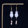 Boucles d'oreilles S925 en argent Sterling Ping An bouteille femme fait à la main bricolage perle de riz Style rétro Jade blanc moyen et long Ear4219049