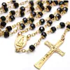 Anhänger Halsketten Diyalo Katholische Goldfarbe Kruzifix Jesus Kreuz Halskette Schwarz Kristall Rosenkranz Perlen Kette Frauen Männer Schmuck Geschenk