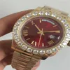 Factory Brand New Mens Day-Date 18238 18K Gold Roman Numeral Dial Diamond Bezel Red Dial Movement Automatic Mechanical Wris195V