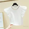 T-shirt da donna Catena Girocollo Maniche volanti T-shirt in puro cotone Donna 2022 Abbigliamento estivo Design Lady All-match Top corto bianco