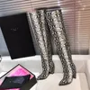2023 designer women creasing pointed knee-high boots luxury Fashion sexy black white pink Sky blue leather Boots Pointe Thick heel serpentine pattern Shoes size 35-39