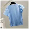 T-Shirts für Damen, 2022, Sommer, Damen-T-Shirts, Perlen, dreidimensionale Blumendekoration, einseitig gerüschte Nähte, Tops, blaue T-Shirts