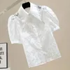 Blouses feminina Camisa de renda branca para mulheres 2022 Summer Summer Gollar Collar Puff Puff Short Sleeve Pearl Break-theft-through Organza Top