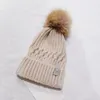 LU01 Label Knitted Pompon Beanies Hat Thicken Winter Women Bonnet Beanies With Real Raccoon Fur Pompoms Warm Girl Cap Tie Ball hat192H