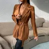 Costumes pour femmes Brown Lace Up Slim Cardigan Blazer Femmes Manteaux Streetwear Manches longues Élégant Bureau Lady Vestes 2022 Automne American Stylish