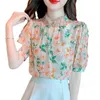 Blouses pour femmes Bow Stand Col Floral Puff Sleeve Chemise en mousseline de soie pour les femmes 2022 Été Ample Super-Fée Doux Top Blusas Mujer