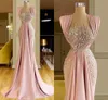 Pink Mermaid Prom Dresses Sequined Sleeveless Custom Made Ruffles Floor Length Sheer Neck Aso Ebi Arabic Evening Engagement Gown