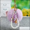 Anahtarlıklar Landards Anahtarlıklar Kabarık 8cm Kürk Pom Keychain Pearl Bow Crystal Llavero Pompon Anahtar Bale Love Anahtar Zincir Çantası Cazibesi DHPSH