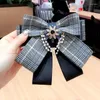 Bow Ties Korean Fashion Plaid Multi-layer Bowknot Ladies Fabric Tie High-end Pearl Rhinestone Pins And Brooches For Women Accessories