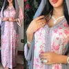 Ethnic Clothing Pink Floral Muslim Abaya Women V-neck Maxi Dress Turkey Dubai Kaftan Robe Long Sleeve Evening Gowns Elegant Islamic