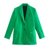Costumes de femmes 2022 Femmes chic Green Loose Long Blazer Veste V Pockets Neck Bureau Lady Vestes de mode Femme Elegant Dotwear