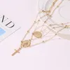 Choker Fashion Necklace Metal Alloy Three-Layer Letter Cross Gold Coin Pendant For Jesus Catholic Christian Believers Gift Accessories