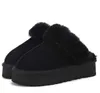 Fluff Yeah Slide Australia Sheepskin Suede Funkette Slippers Sherpa Disquette Women's Platform Shearling Fur Lined Slide Sandal Slip on Flat Booties Black and Khaki