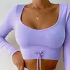 Women's T Shirts Women Seamless Long Sleeve Gym Crop Top Quick Dry Yoga T-Shirts Drawstring Blouses Woman Workout Clothes