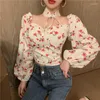 Blouses pour femmes coréen Chic Sexy Slash Neck imprimé en mousseline de soie chemise femmes à manches longues décontracté Floral Blouse femme douce mode été hauts 14928