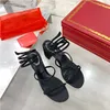 Klackar sandaler aftonskor h￶g h￤l kl￤nning sko fabrikskor cleo kristaller utsmyckade chunky 75mm rhinestone svarta lyxdesigners wraparound