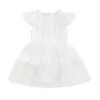 소녀 드레스 베이비 주름 고랑 디자인 메쉬 헴 진주 장식 귀여운 흰색 소프트 로퍼