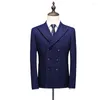 Men's Suits Double Breasted Striped 3 Piece Suit Men 2022 Korean Deep-Blue Slim Fit Wedding Man Business Blazers Pants Vest Big Size