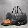 Duffel Bags Genuine Leather Simple Business Black Men's Travel Bag With Shoe Case