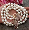 Chains 3" 2 Strands White Rice Freshwater Pearl CZ Pendant Necklace