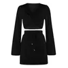 Work Dresses European And American Product Solid Color Women's Fashion Twist Long-sleeved V-neck Sexy Blouse Drawstring Short Skirt Suit