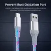 3A Świecające kable telefoniczne Mikro USB Kabel typu C Szybkie ładowanie dla Huawei Xiaomi LED LED ładowarki płynące kabel streamerowy