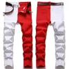 Jeans pour hommes 2022 hommes rouge et blanc bicolore Patchwork crayon pantalon Slim jeunesse rue Hip Hop Denim lavé