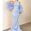 Modest Halter Mermaid Evening Dresses Ruffle Tulle Sleeve Prom Dress Simple Elegant Lace Sequins Formal Party Gowns Custom Made