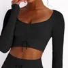 Koszulki damskie Kobiety bezproblemowo z długim rękawem Gym Crop Top Szybkie suche joga T-shirty sznurka bluzki