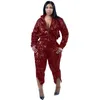 Women's Two Piece Pants Sequins Glittering Sweatsuits For Women Sets Turn Down Collar Zipper Coat Winter Clothes Fashion Suits Wholesale