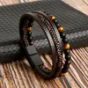 Leather Bracelet Men Classic Fashion Tiger Eye Beaded Multi Layer for Jewelry