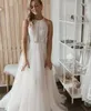 Halter Trouwjurk Boho Mouwloze Tule A-lijn Robe De Mariee Voor Vrouwen Bruidsjurken Hof Trein Witte Plooi Kant Applicaties