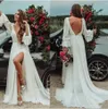 Hippie Wedding Dress High Split Deep V Neck Backless Long Puff Sleeves Beach Wedding Boho Bridal Gowns Vestido De Noiva