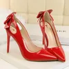 Dress Shoes 2022 Women 10cm High Heels Pumps Nightclub Patent Leather Wedding Bridal Butterfly Bow Lady Fetish Escarpins Pink