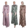 Etniska klädkvinnor Celebrity Muslim Style Soft midja Big Swing Longuette Floral Print Dubai Abaya Turkiet Elegant Satin Party Dress