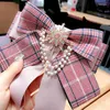 Bow Ties Korean Fashion Plaid Multi-layer Bowknot Ladies Fabric Tie High-end Pearl Rhinestone Pins And Brooches For Women Accessories