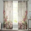 Cortina de flor de grão de madeira telas retrô voile tule cortinas transparentes para quarto sala de estar cozinha decoração chiffon janelas