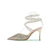 Sandales cristal croix bride à la cheville tissu pailleté bout pointu brillant talons hauts talon aiguille femmes mode ficelle Bling