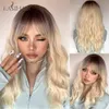 Blonde Wavy Synthetic Wigs with Bang for Women Curly Fake Hair Wigs with Dark Root for Cosplay Daily Heat Resistantfactory direct