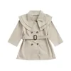 Manteau Emmababy petite fille couleur unie pardessus à manches longues col à revers boutonné veste ample avec poches ceinture vêtements pour enfants