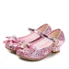 Flat Shoes Girls Crystal Sequin Princess Kids блеск высокой каблуки бабочка-бабочка с твердым цветом ремешок лодыжки Мэри Джейн 26-38