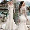 Lussuosi abiti da sposa a sirena con perle di cristallo Abiti da sposa Maniche lunghe Scollo a V Volant a strati Cappella Treno robe de soiree mariage