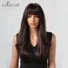 Dark Brown Black Long Wavy Synthetic Wigs with Bang Natural Wave Hair Wig for Black Women Daily Cosplay Heat Resistantfactory direct