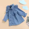 Meisje jurken baby lange mouw denimjurk met ruche decoratie met een paar borsten shirt versie veer kleding