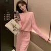 Frauen Zwei Stück Hosen 2023 Herbst Winter Frauen Koreanische Gestrickte Stücke Set Warme O Neck Pullover Pullover Breite Bein anzug R84