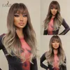 Ombre Brown Gray Blonde Long Wavy Synthetic Wigs with Bang Natural Ash Hair Wig for Women Daily Cosplay Heat Resistantfactory direct